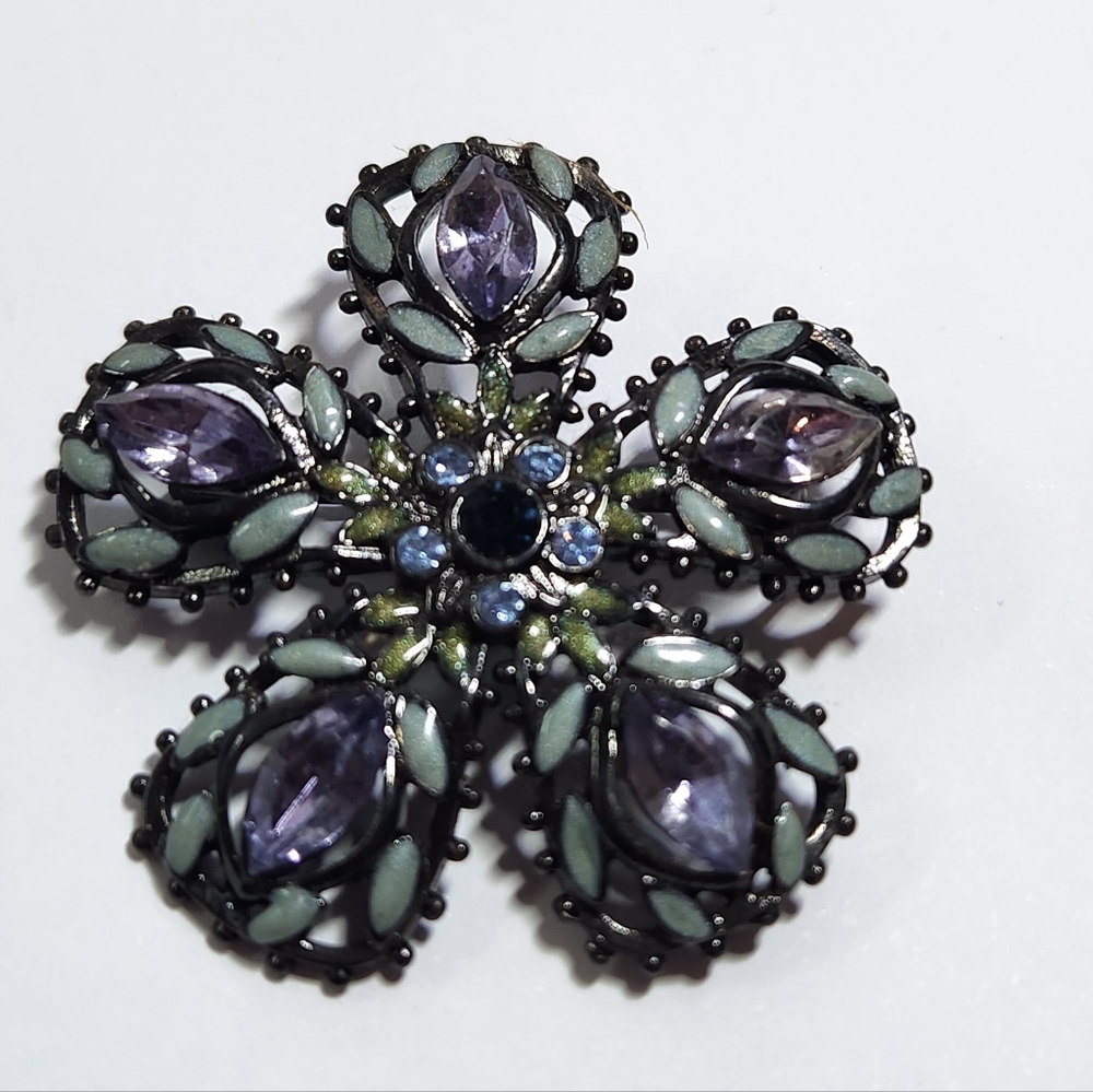 Floral Brooch Purple With Blue Green Accents